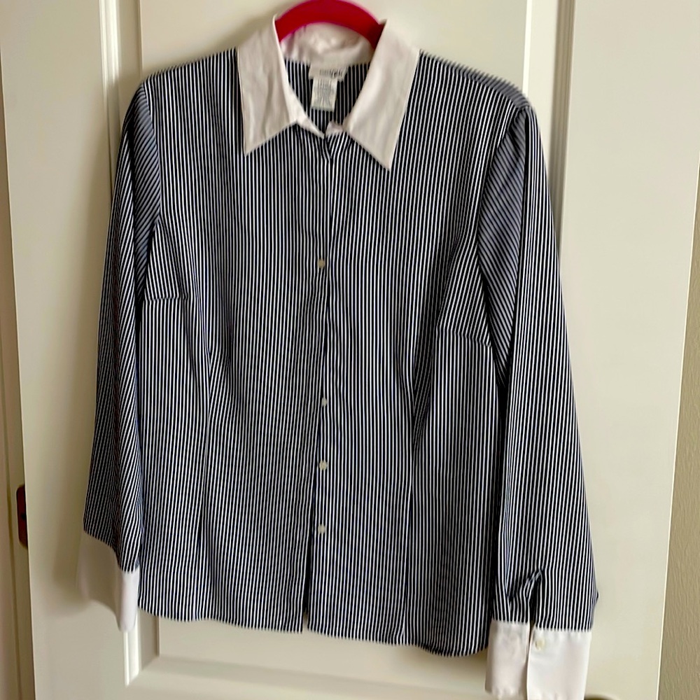 Blue and white stripe blouse with white cuffs and collar